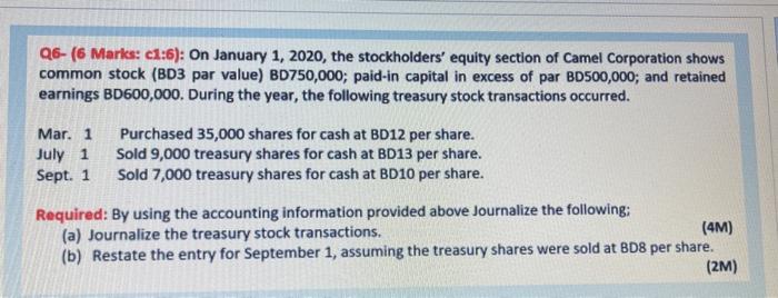 Q6 6 Marks C1 6 On January 1 2020 The Stockholders Equity Section Of Camel Corporation Shows Common Stock Bd3 Pa 1