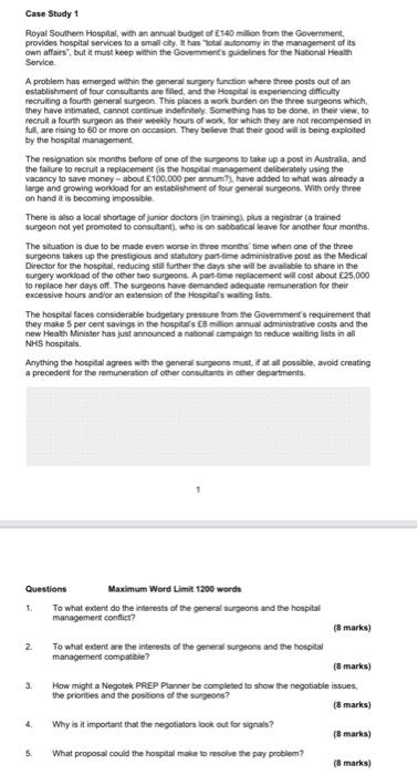 Case Study 1 Royal Southern Hospital With An Annual Budget Of 140 Million From The Government Provides Hospital Servic 1