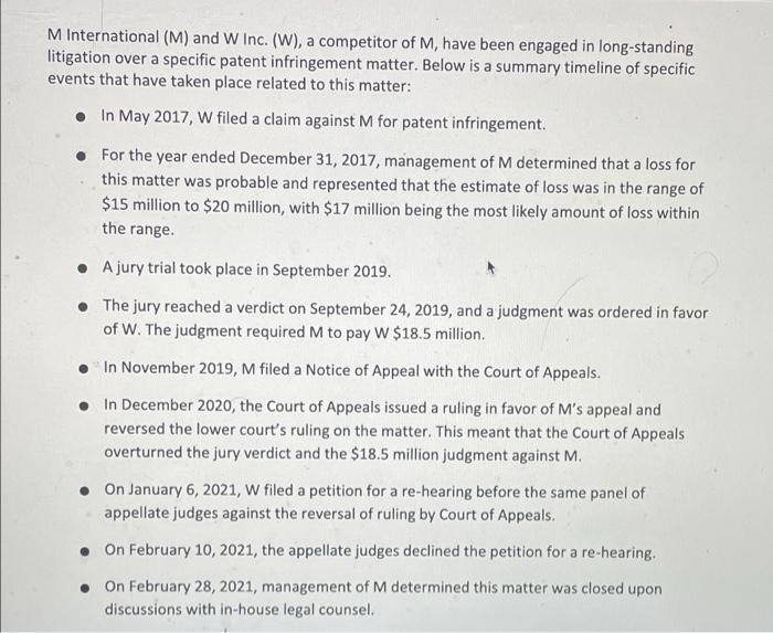 M International M And W Inc W A Competitor Of M Have Been Engaged In Long Standing Litigation Over A Specific Pat 1