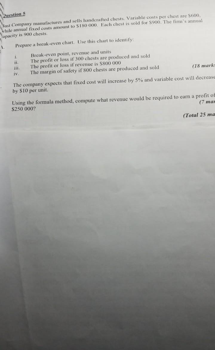 Question 5 Bast Company Manufactures And Sells Handcrafted Chests Variable Costs Per Chest Are 600 While Annual Fixed 1