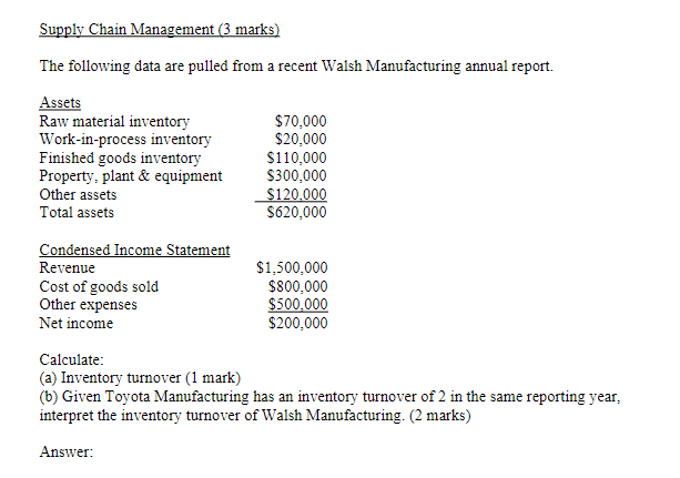 Supply Chain Management 3 Marks The Following Data Are Pulled From A Recent Walsh Manufacturing Annual Report Assets 1