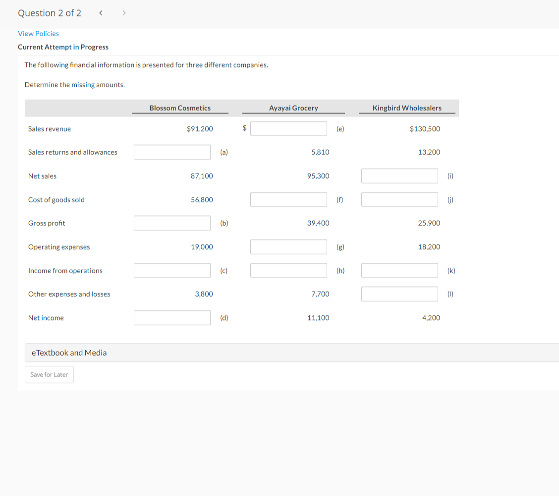 Question 2 Of 2 View Policies Current Attempt In Progress The Folllowing Financial Information Is Presented For Three Di 1