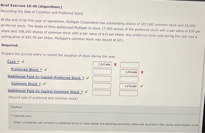 Brief Exercise 10 40 Algorithmic Recording The Sale Of Common And Preferred Stock At The End Of Its First Year Of Oper 1