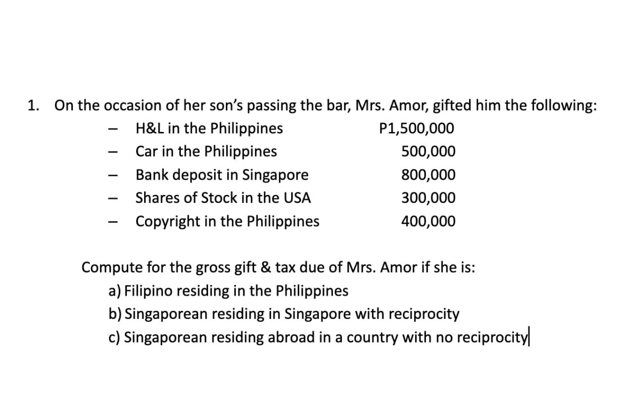1 On The Occasion Of Her Son S Passing The Bar Mrs Amor Gifted Him The Following H L In The Philippines P1 500 0 1