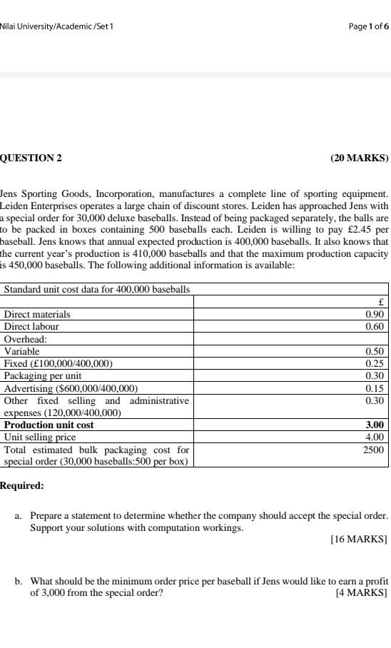 Nilai University Academic Set 1 Page 1 Of 6 Question 2 20 Marks Jens Sporting Goods Incorporation Manufactures A Com 1