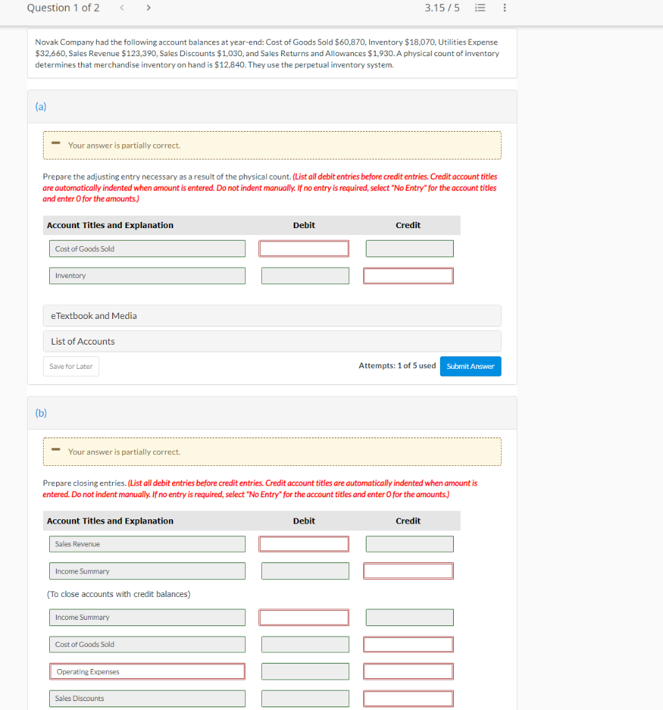 Question 1 Of 2 3 15 5 Novak Company Had The Following Account Balances At Year End Cost Of Goods Sold 60 870 1