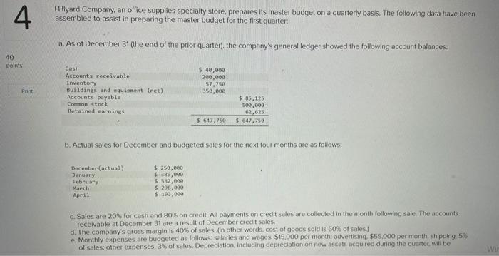 4 Hillyard Company An Office Supplies Specialty Store Prepares Its Master Budget On A Quarterly Basis The Following D 1