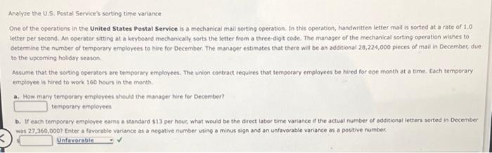 Analyze The U S Postal Service S Sorting Time Variance One Of The Operations In The United States Postal Service Is A M 1