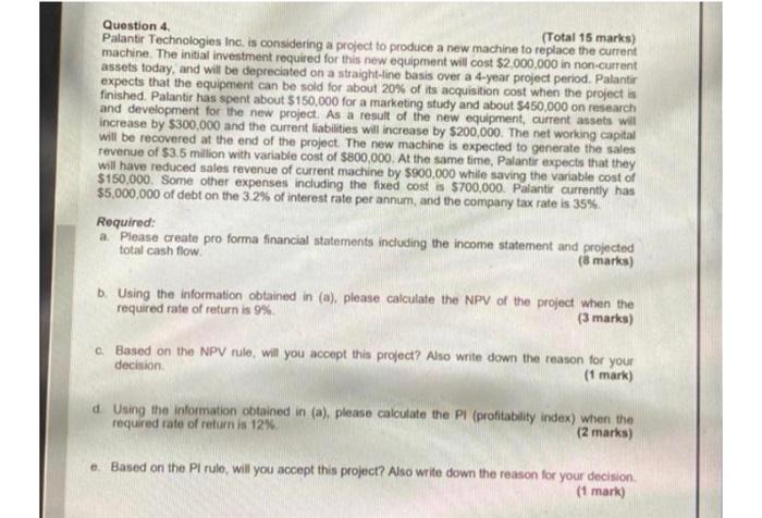 Question 4 Total 15 Marks Palantir Technologies Inc Is Considering A Project To Produce A New Machine To Replace The 1
