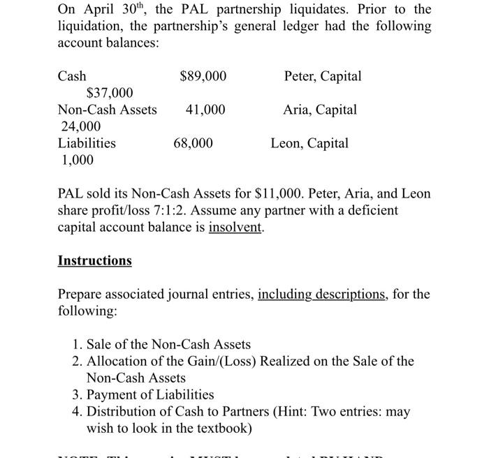 On April 30 H The Pal Partnership Liquidates Prior To The Liquidation The Partnership S General Ledger Had The Follow 1