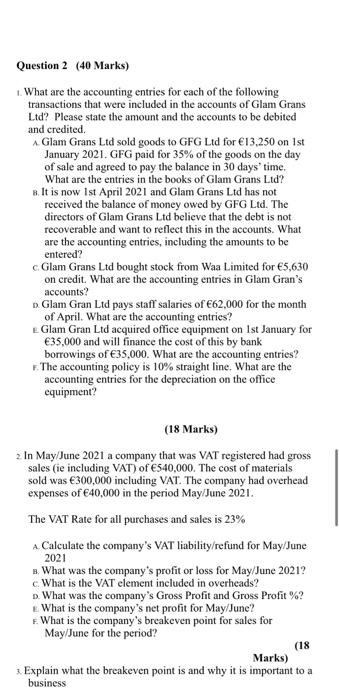 Question 2 40 Marks What Are The Accounting Entries For Each Of The Following Transactions That Were Included In The A 1