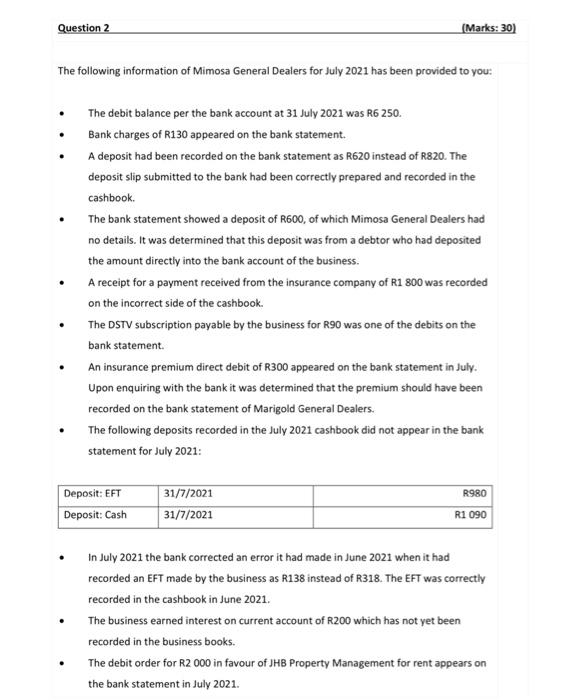 Question 2 Marks 30 The Following Information Of Mimosa General Dealers For July 2021 Has Been Provided To You The D 1