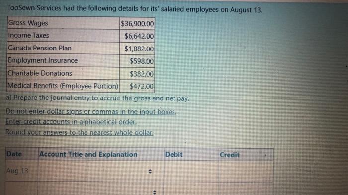 Toosewn Services Had The Following Details For Its Salaried Employees On August 13 Gross Wages 36 900 00 Income Taxes 1