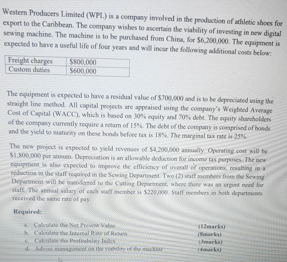 Western Producers Limited Wpl Is A Company Involved In The Production Of Athletic Shoes For Export To The Caribbean T 1