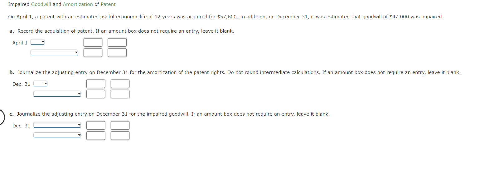 Impaired Goodwill And Amortization Of Patent On April 1 A Patent With An Estimated Useful Economic Life Of 12 Years Was 1