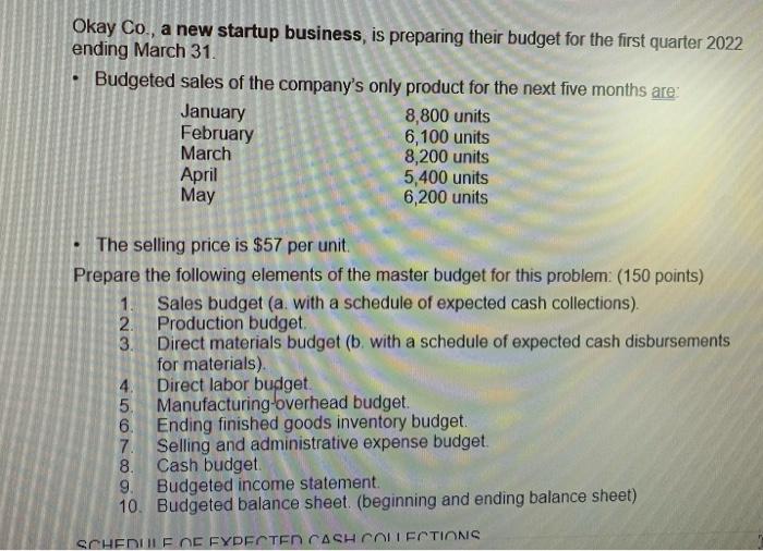 Okay Co A New Startup Business Is Preparing Their Budget For The First Quarter 2022 Ending March 31 Budgeted Sales O 1