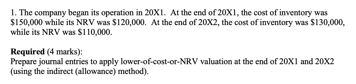 1 The Company Began Its Operation In 20x1 At The End Of 20x1 The Cost Of Inventory Was 150 000 While Its Nrv Was 12 1