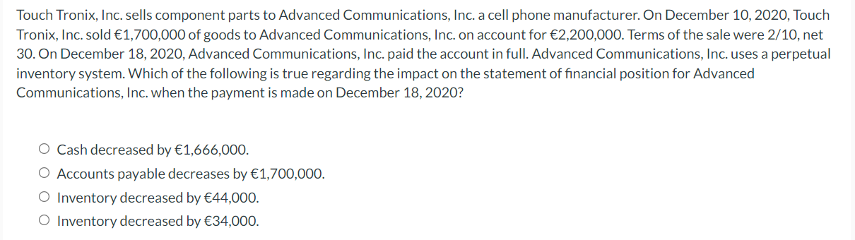 Touch Tronix Inc Sells Component Parts To Advanced Communications Inc A Cell Phone Manufacturer On December 10 202 1