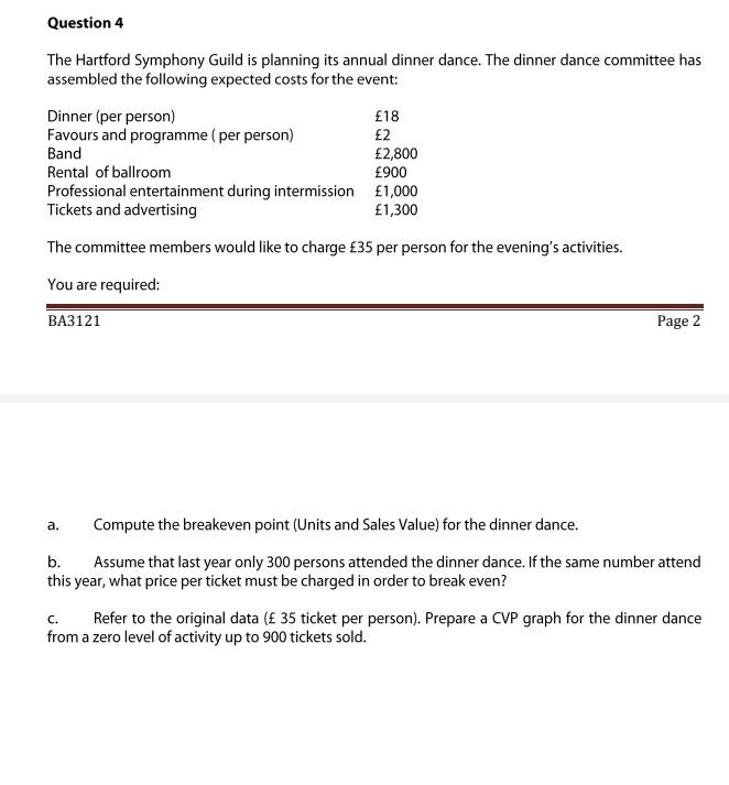 Question 4 The Hartford Symphony Guild Is Planning Its Annual Dinner Dance The Dinner Dance Committee Has Assembled The 1