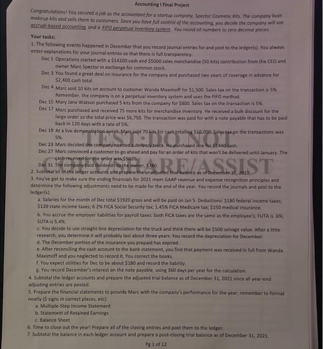Accounting Final Project Congratulations You Secured A Job As The Accountant For A Startup Company Spector Cosmetic 1