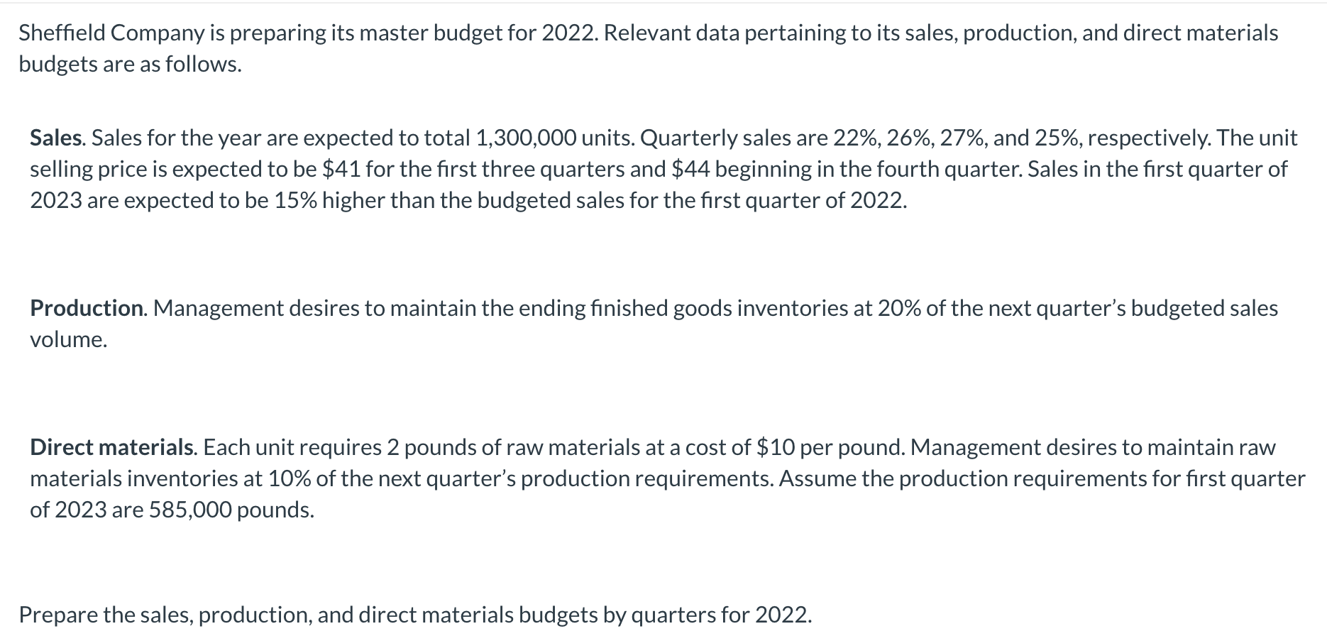 Sheffield Company Is Preparing Its Master Budget For 2022 Relevant Data Pertaining To Its Sales Production And Direct 1