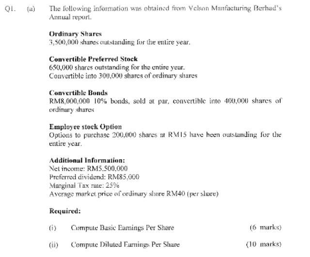 Q1 A The Following Information Was Obtained From Velson Manfacturing Berhad S Annual Report Ordinary Shares 3 500 000 1