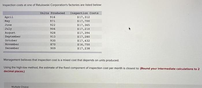 Inspection Costs At One Of Rotulowski Corporation S Factories Are Listed Below April May June July August September Oct 1