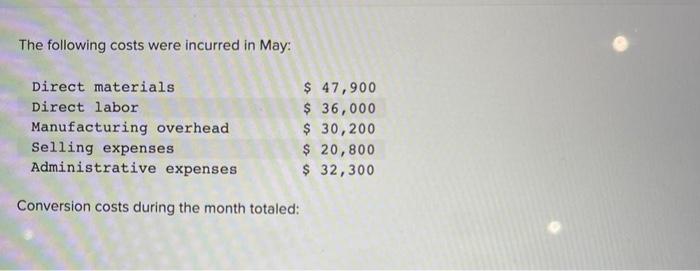 The Following Costs Were Incurred In May Direct Materials Direct Labor Manufacturing Overhead Selling Expenses Administ 1