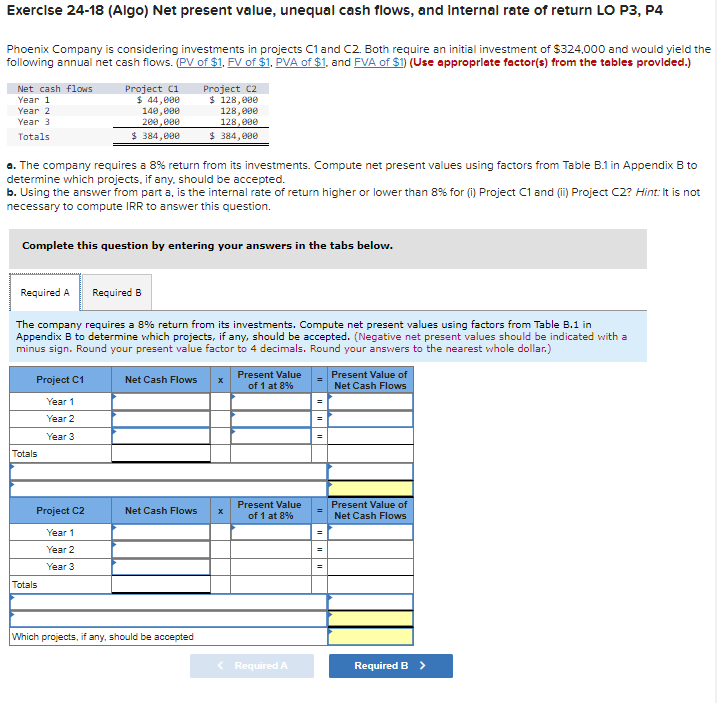 Exercise 24 18 Algo Net Present Value Unequal Cash Flows And Internal Rate Of Return Lo P3 P4 Phoenix Company Is Co 1