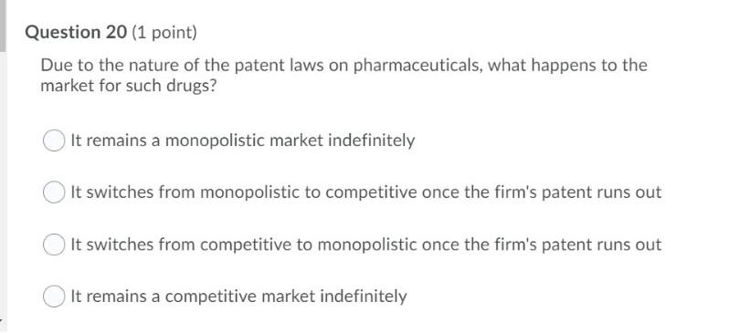 Question 20 1 Point Due To The Nature Of The Patent Laws On Pharmaceuticals What Happens To The Market For Such Drugs 1