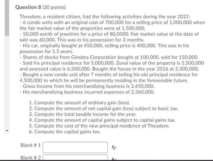 Question 8 30 Points Theodore A Resident Citizen Had The Following Activities During The Year 2021 6 Condo Units 1