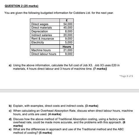 Question 2 25 Marks You Are Given The Following Budgeted Information For Cobblers Ltd For The Next Year Direct Wages 1