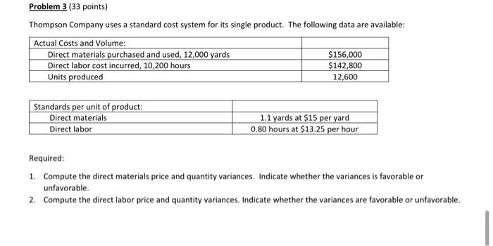 Problem 3 33 Points Thompson Company Uses A Standard Cost System For Its Single Product The Following Data Are Availa 1