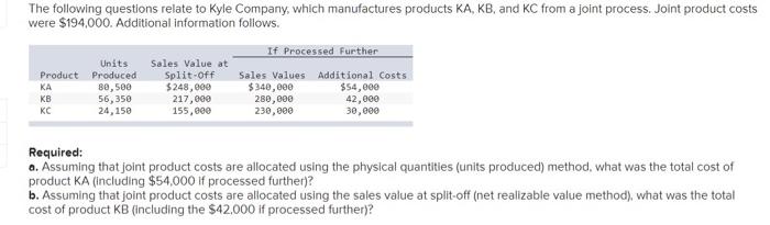 The Following Questions Relate To Kyle Company Which Manufactures Products Ka Kb And Kc From A Joint Process Joint P 1