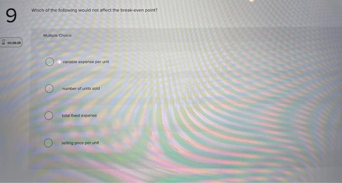 Which Of The Following Would Not Affect The Break Even Point 9 Multiple Choice 3 003 Variable Expense Per Unit Number 1