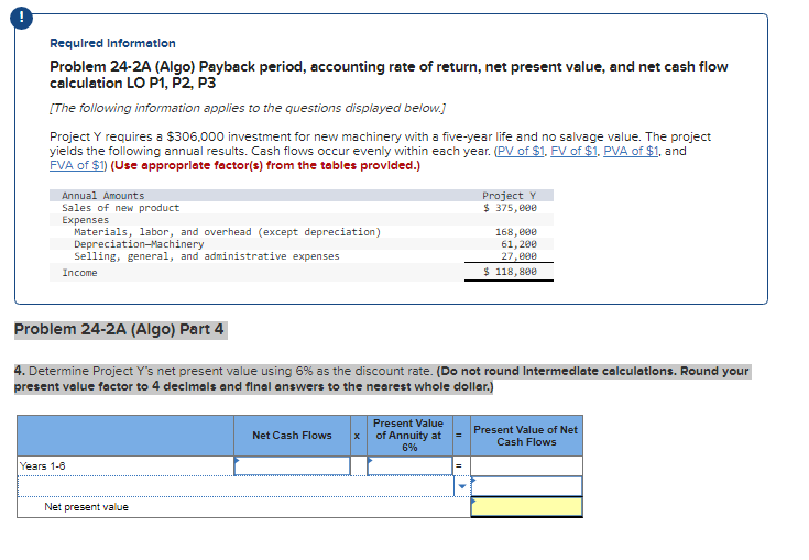 Required Information Problem 24 2a Algo Payback Period Accounting Rate Of Return Net Present Value And Net Cash F 1