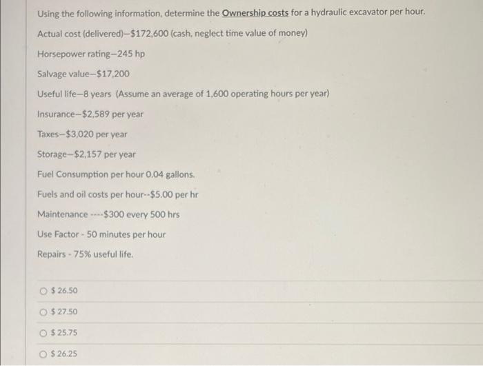 Using The Following Information Determine The Ownership Costs For A Hydraulic Excavator Per Hour Actual Cost Delivere 1