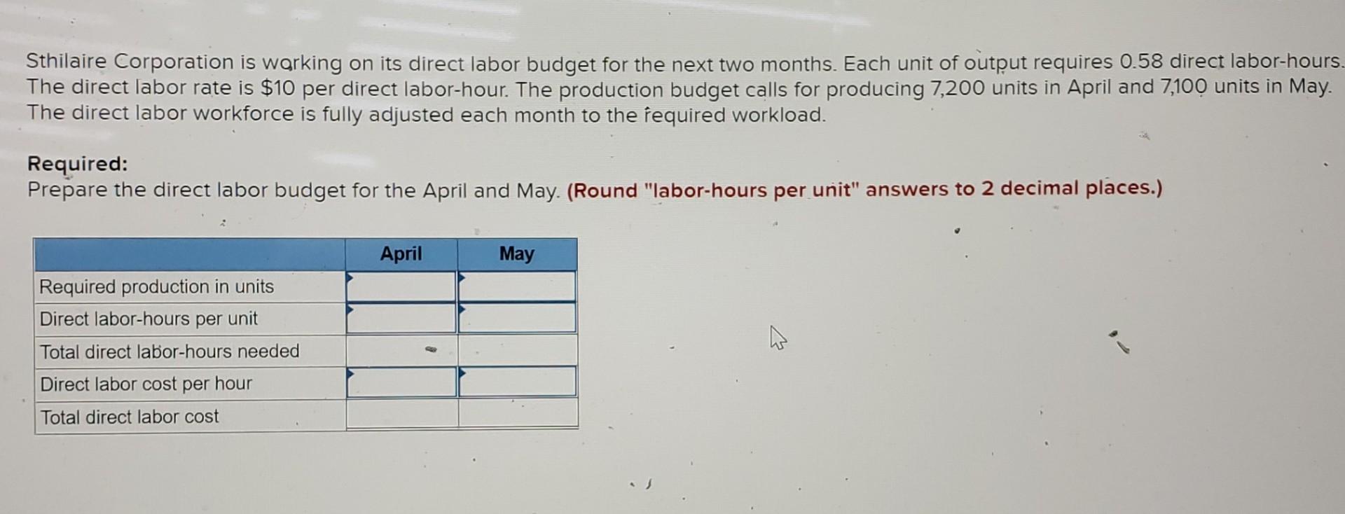 Sthilaire Corporation Is Working On Its Direct Labor Budget For The Next Two Months Each Unit Of Output Requires 0 58 D 1
