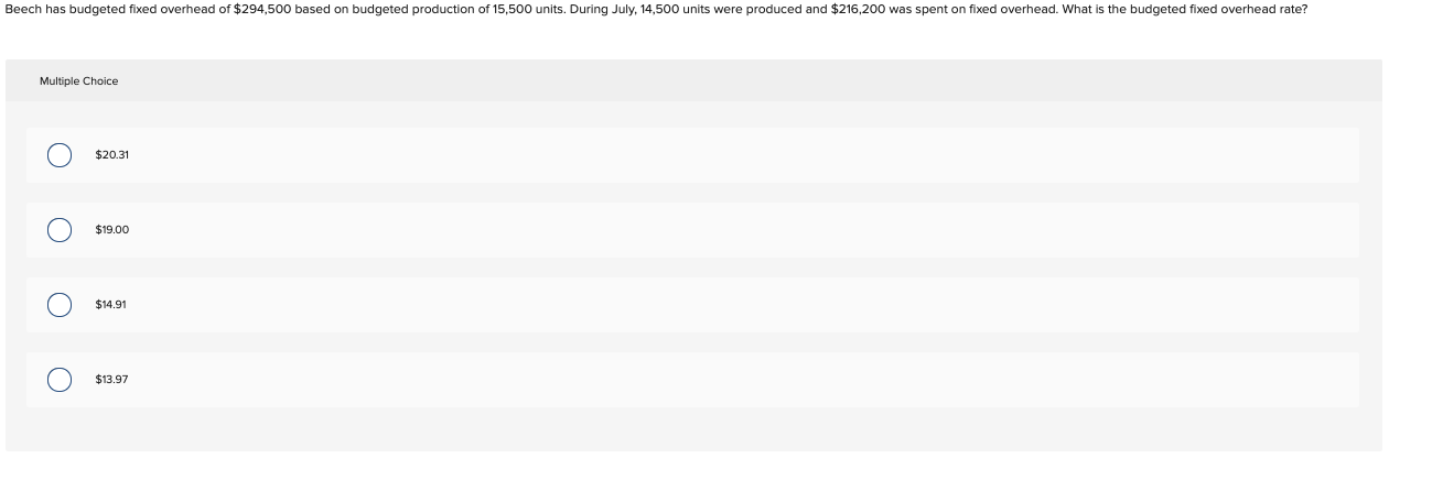 Beech Has Budgeted Fixed Overhead Of 294 500 Based On Budgeted Production Of 15 500 Units During July 14 500 Units We 1