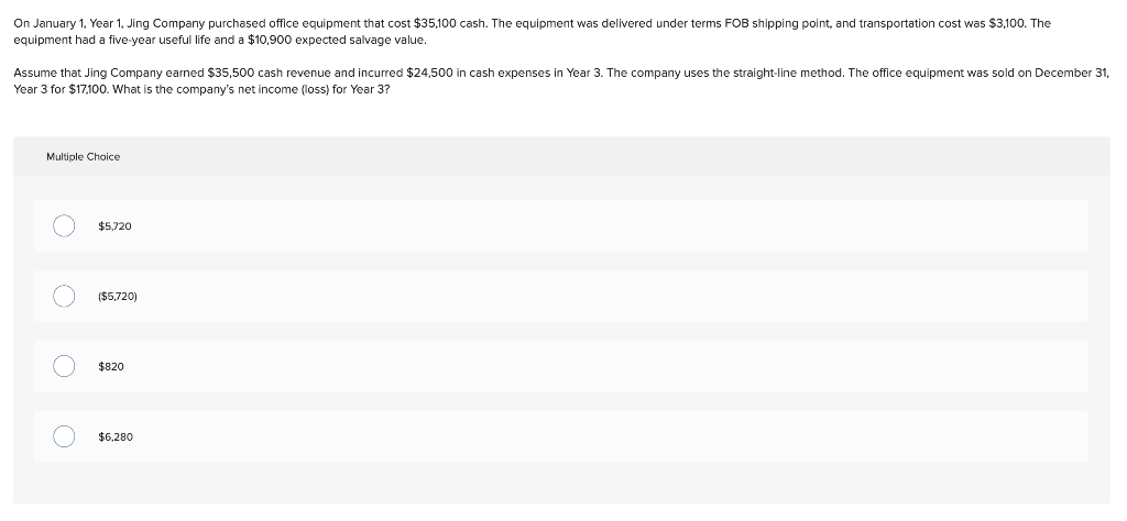 On January 1 Year 1 Jing Company Purchased Office Equipment That Cost 35 100 Cash The Equipment Was Delivered Under 1