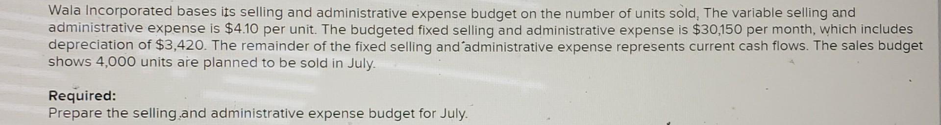 Wala Incorporated Bases Its Selling And Administrative Expense Budget On The Number Of Units Sold The Variable Selling 1