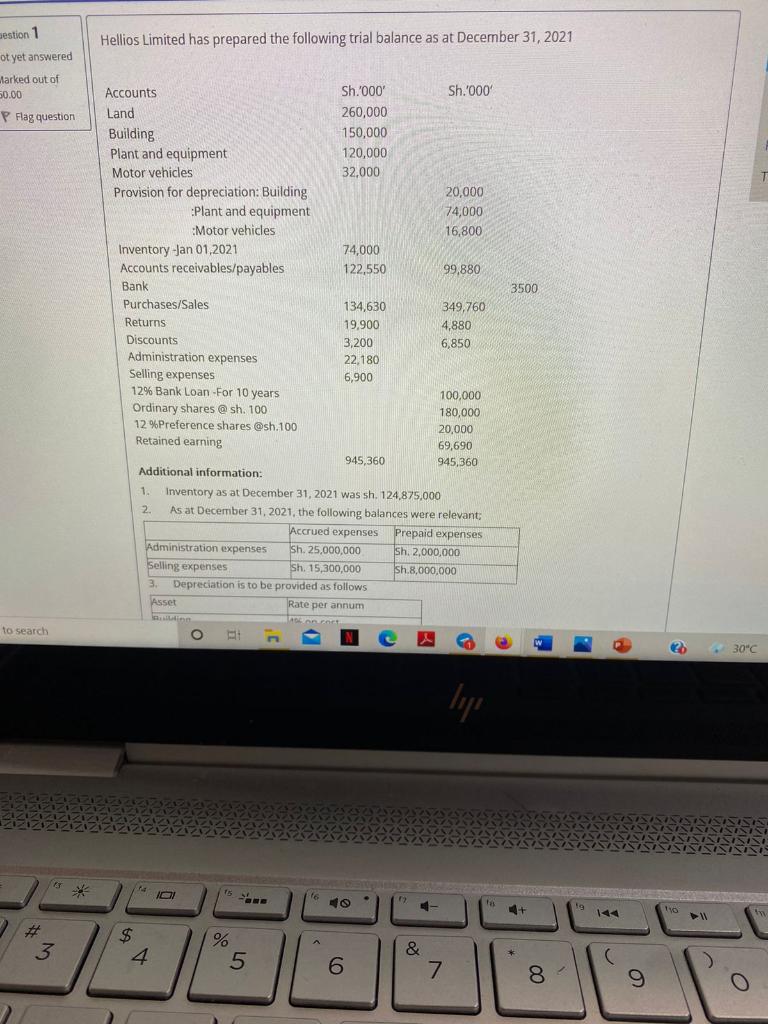 Mestion 1 Hellios Limited Has Prepared The Following Trial Balance As At December 31 2021 Ot Yet Answered Marked Out Of 1