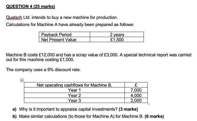Question 4 25 Marks Quatsch Ltd Intends To Buy A New Machine For Production Calculations For Machine A Have Already 1