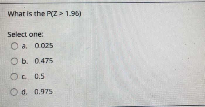 What Is The P Z 1 96 Select One O A 0 025 O B 0 475 O C 0 5 O D 0 975 1