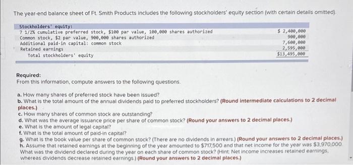 The Year End Balance Sheet Of Ft Smith Products Includes The Following Stockholders Equity Section With Certain Detai 1