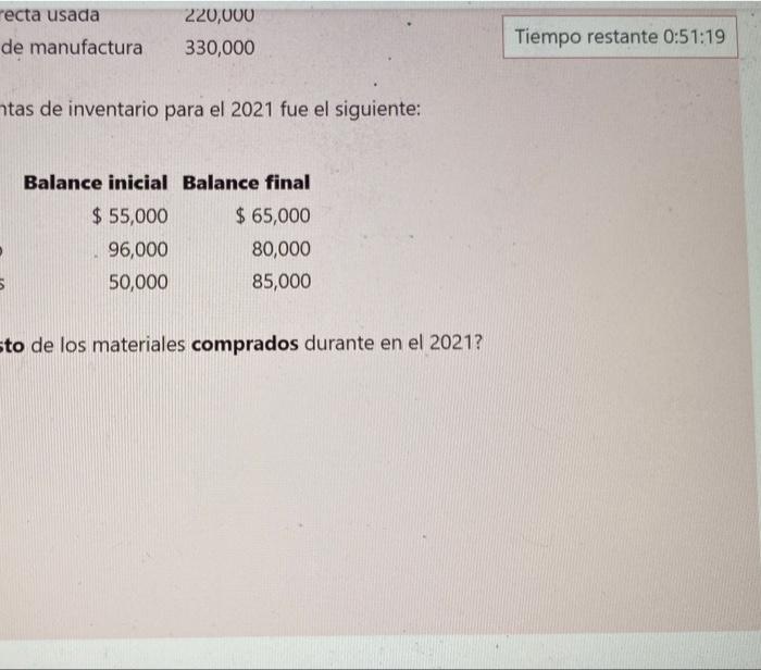 Tiempo Restante 0 51 32 La Empresa Xyz Incurrio Los Siguientes Costos Durante El 2021 Materiales Directos Usados Mano D 2