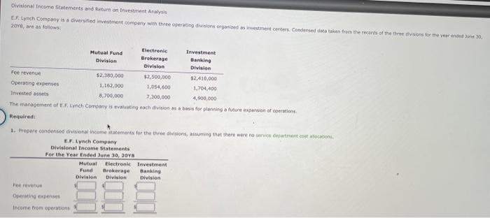 Divisional Income Statements And Return On Investment Analysis E Lynch Company Is A Diversified Investment Company With 1