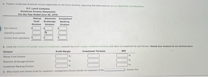Divisional Income Statements And Return On Investment Analysis E Lynch Company Is A Diversified Investment Company With 2