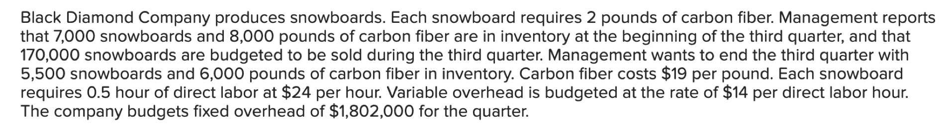 Black Diamond Company Produces Snowboards Each Snowboard Requires 2 Pounds Of Carbon Fiber Management Reports That 7 0 1