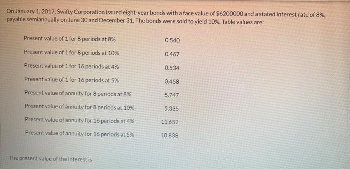 On January 1 2017 Swifty Corporation Issued Eight Year Bonds With A Face Value Of 6200000 And A Stated Interest Rate O 1